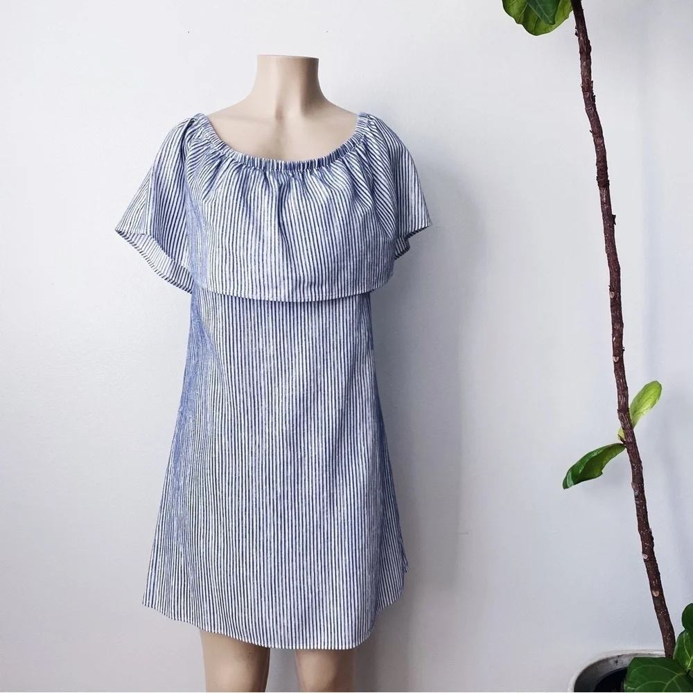 J.crew Striped Blue & White Off shoulder Dress boho Beachy Leisure relaxed Fit